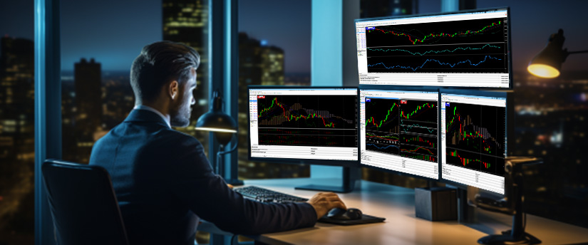 Un hombre en un escritorio con tres monitores mostrando varios gráficos del mercado de valores y análisis de datos