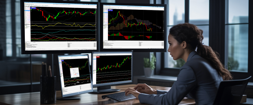 Una mujer sentada en un escritorio, concentrada en tres monitores que muestran diferentes indicadores y gráficos de trading.