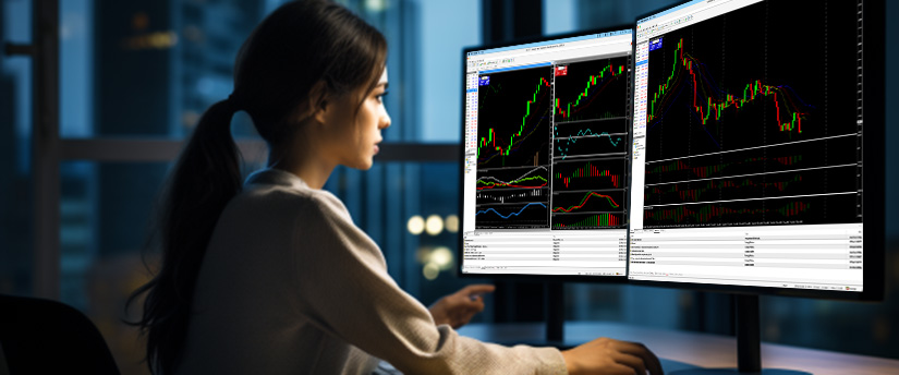 Una mujer en un escritorio con dos monitores que muestran varias pantallas comerciales y análisis de datos.