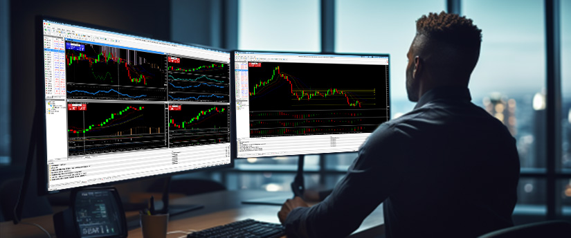 Un hombre sentado en un escritorio con dos monitores mostrando varias pantallas de trading y análisis de datos