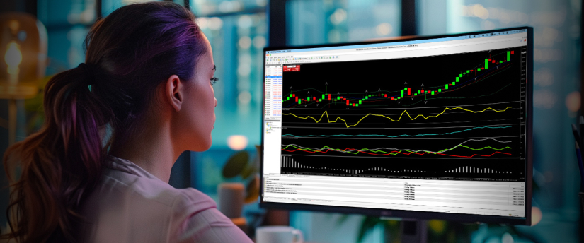 A woman trader analyzes a stock chart displayed on her computer screen, focused on market trends and data.