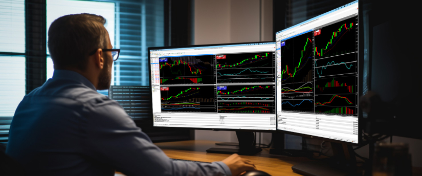 رجل جالس على مكتب، يركز على شاشتين تعرضان رسوماً بيانية مختلفة لسوق الأسهم وتحليلات للبيانات.