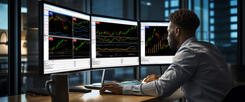 <p>رجل يجلس على مكتب مع ثلاثة شاشات تعرض منصات تداول مختلفة وبيانات السوق.</p>