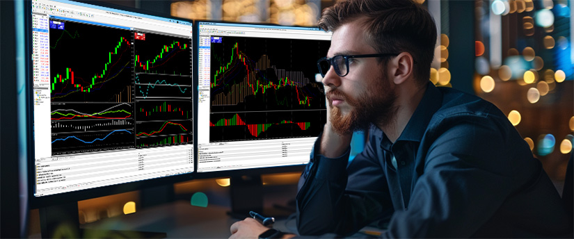 A man seated at a desk with dual monitors showing different stock market graphs, illustrating forex trading for beginners.