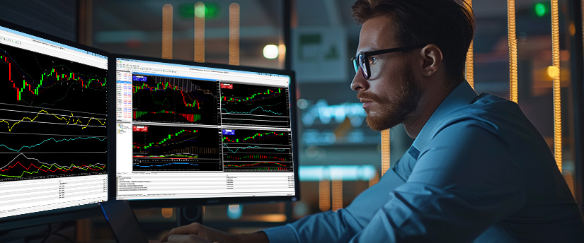Forex market trading setup with multiple screens showing currency charts, indicators, price action, volatility and technical analysis in real time.