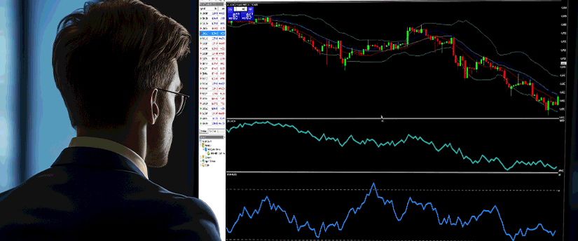A suited man studies a computer screen with forex trading indicators, reflecting the habits of forex traders.