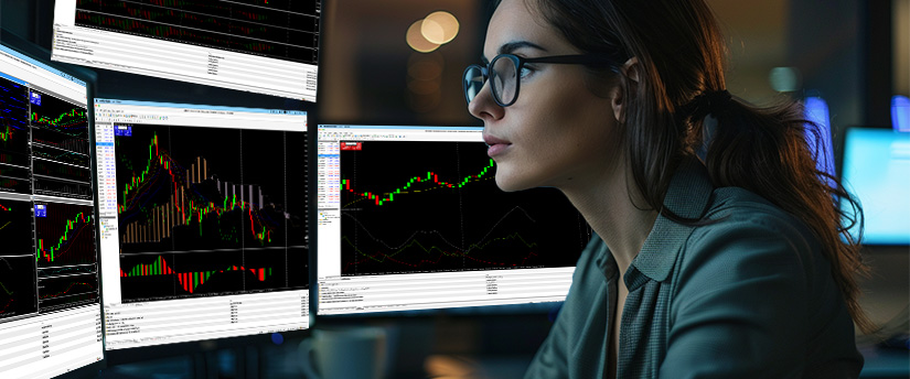 امرأة ترتدي نظارات تراقب شاشات تداول متعددة، مما يوضح عادات التركيز لدى متداولي الفوركس.