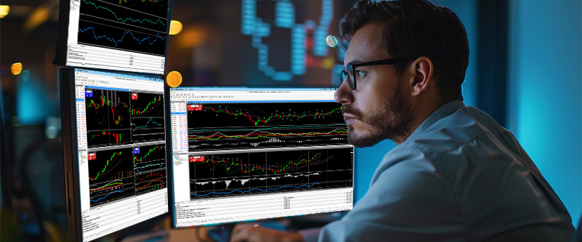 A man seated at a desk surrounded by multiple screens showing diverse trading indicators, reflecting his daily habits for trading.