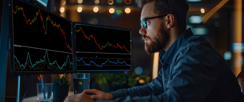 A man working at a desk with two screens featuring distinct stock market graphs, highlighting his daily habits for trading.