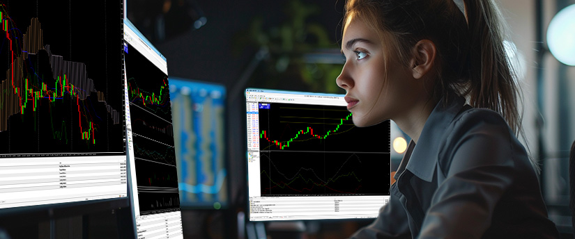 A woman closely observes multiple computer monitors displaying financial charts and data, signaling a methodical analysis of market trends and stock movements grounded in a reliable trading mindset.