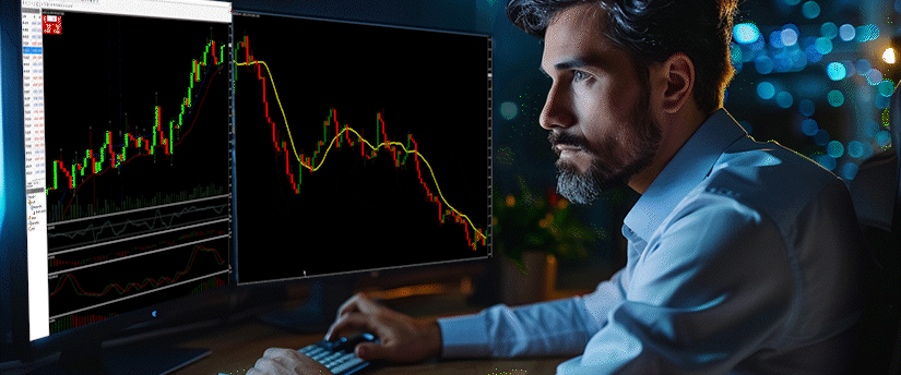 A man sits at a desk in a dimly lit office, monitoring financial charts and graphs displayed on dual computer monitors, reflecting a disciplined and focused approach built on a reliable trading mindset.