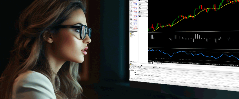 A focused female forex trader analyzing price charts on a computer screen, applying forex trading psychology to stay calm during market volatility.