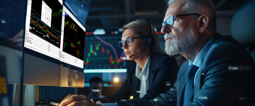 A focused man and woman analyze financial charts on multiple computer monitors in a low-light trading office, reflecting concentration, discipline, and a reliable trading mindset while monitoring market data in real time.