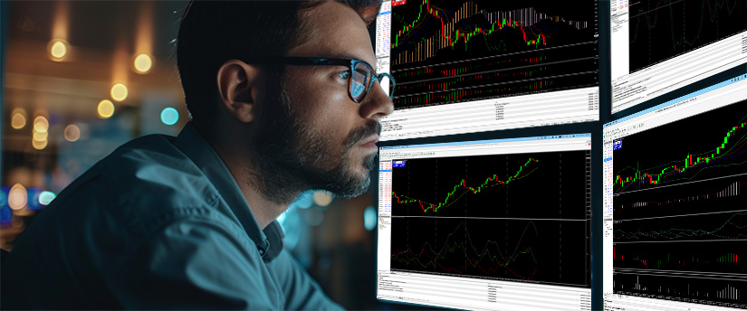 Trader analyzing live market charts on multiple screens using different silver trading methods.