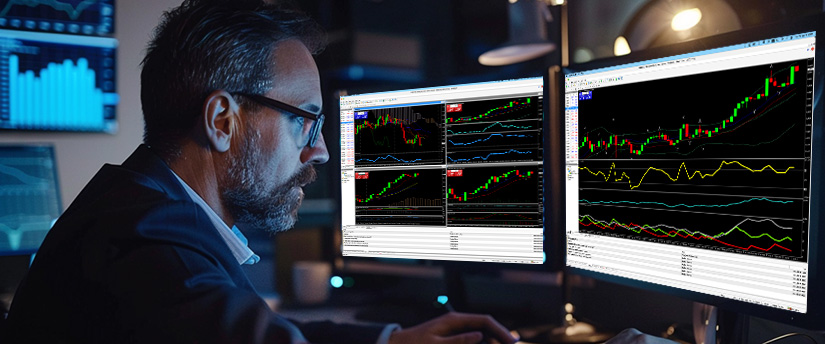 Man in glasses analyzing financial charts and graphs on dual computer monitors in a dimly lit office, showing how emotions influence your trading.