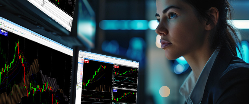 Trader analyzing silver price charts on multiple monitors in a professional trading setup.