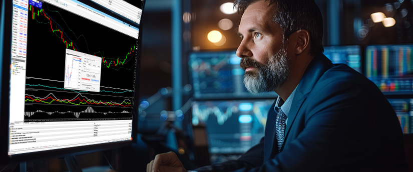 Professional in a suit analyzing financial charts on multiple screens in a dimly lit trading room, reflecting smart trading plan results.