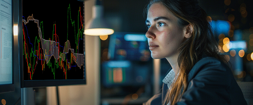 A young woman intently watches a computer monitor displaying complex financial charts in a dimly lit office.