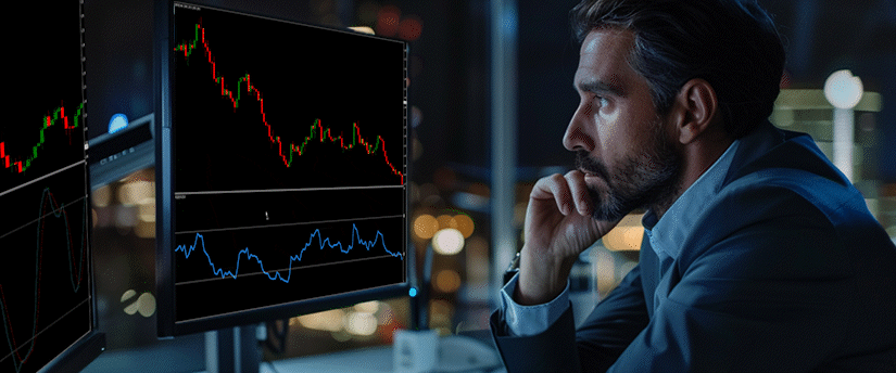 Man in a suit intently watching multiple computer monitors displaying financial trading charts while analyzing market movements and learning how to trade forex during economic news releases.