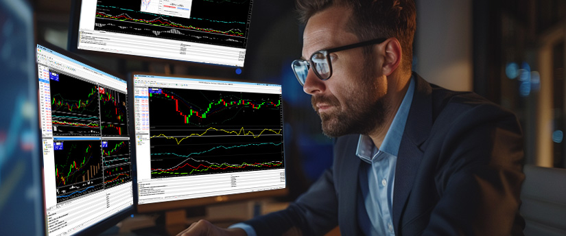 A man in a suit and glasses studies multiple monitors with trading charts, focused on the markets while managing fear in trading decisions.