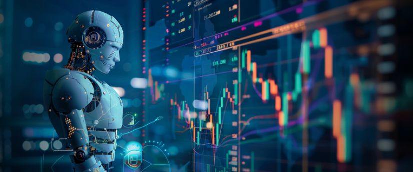 Futuristic humanoid robot analyzing colorful financial charts and data on a holographic screen.
