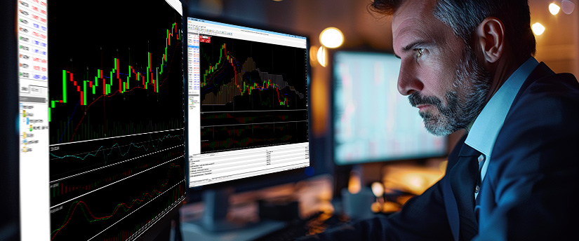 A man intently views multiple computer monitors displaying financial charts, focusing on fundamental analysis for forex traders.