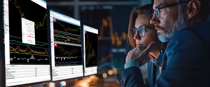 Two focused individuals analyze financial data on multiple computer screens displaying complex stock market charts and graphs in a dimly lit office, reflecting momentum trading forex in a professional trading environment.