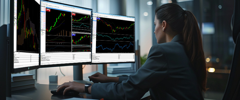 A woman in a suit analyzes stock charts on dual monitors in a dimly lit office, showcasing momentum trading forex with focus and concentration in a professional trading environment.
