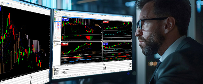 A man in glasses intensely studies Forex Liquidity and financial charts on dual monitors, displaying colorful graphs and market data, indicating a strong focus on trading analysis, price movements, and liquidity conditions in the forex market.