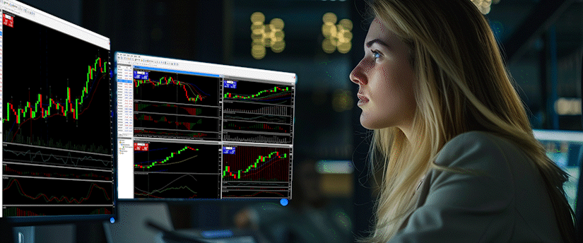 A woman analyzes a screen filled with multiple trading options and market data, focused on decision-making and financial analysis, reflecting the precision and discipline associated with elite trader funding in professional trading environments.