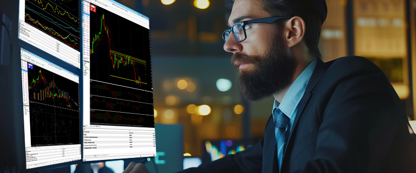 An elegant male investor in a suit and tie closely monitoring technical indicators and market trends across multiple dashboards for indices trading online.