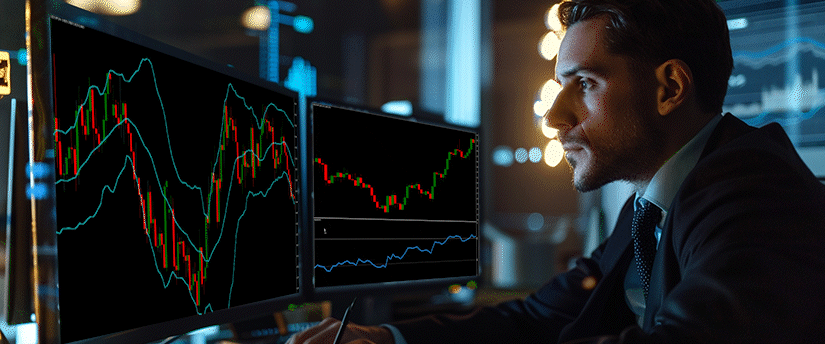 Stock market trader analyzing candlestick patterns on dual monitors to demonstrate what are commodities stocks.