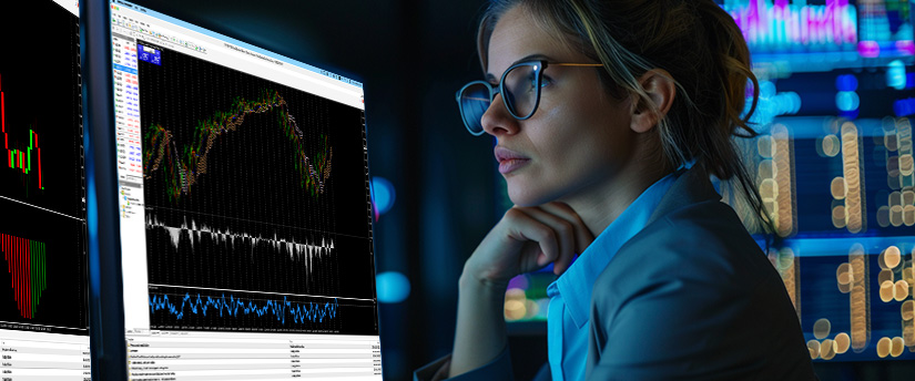Woman studying stock market index charts using an online indices trading platform