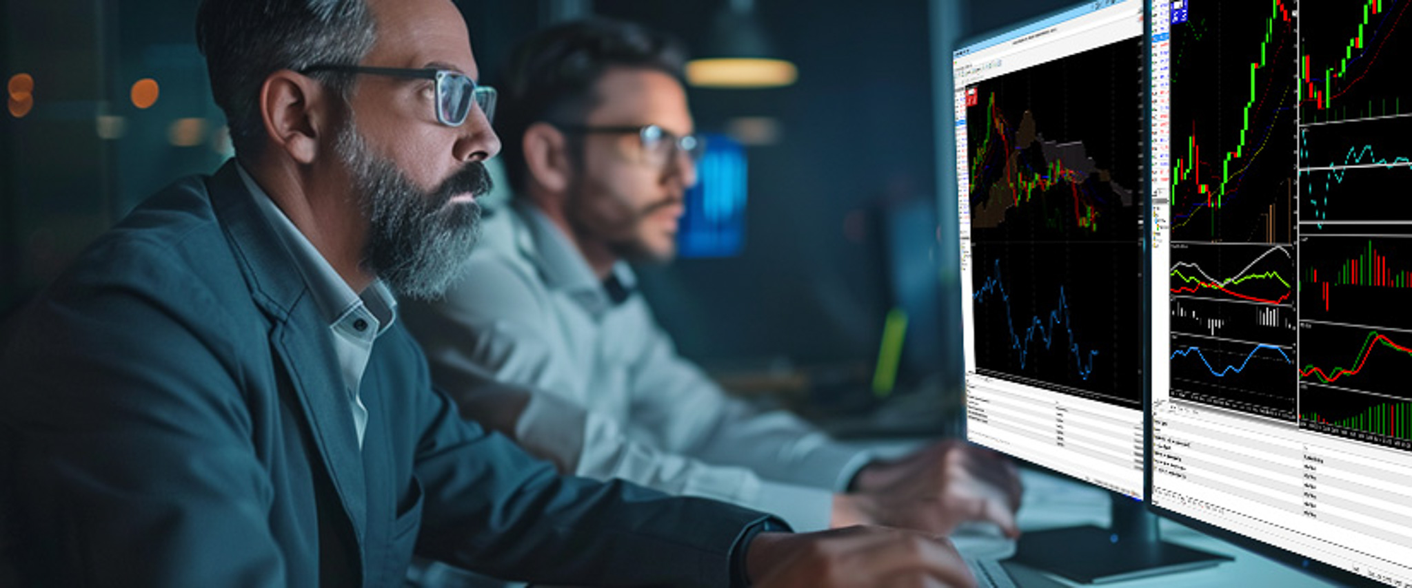 Professional traders using an indices trading platform to analyze market charts and indicators