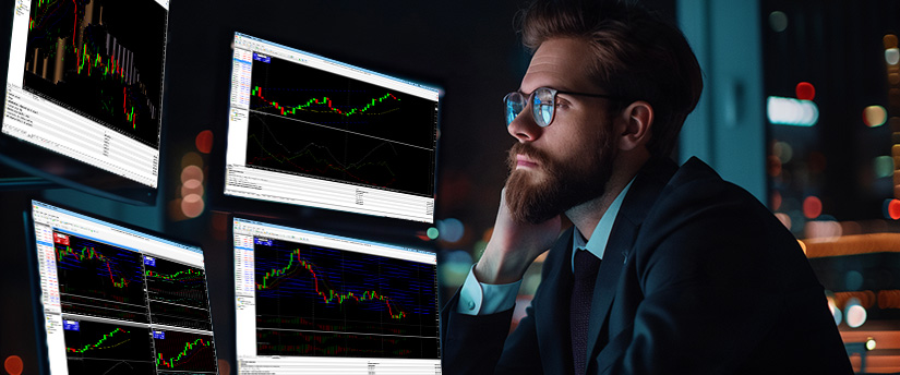 Trader studying price action and bearish candlestick reversal signals on multiple charts