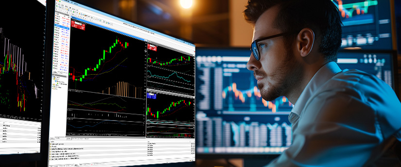 Trader studying market profile data, value areas and price action on trading charts
