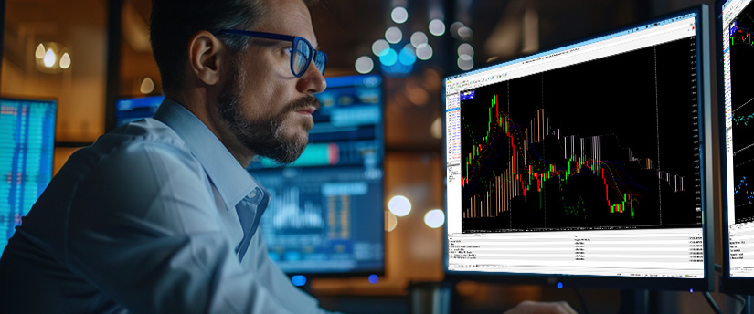 Trader in a suit studying share price charts across three trading platform windows