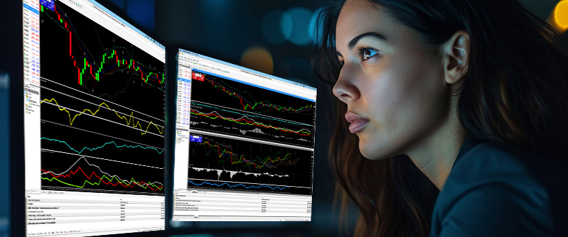 Trader analysing candlestick charts and indicators across several platform windows