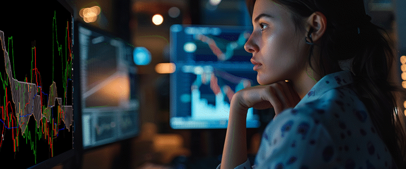 Trader with hand on chin studying price charts and indicator lines on several screens