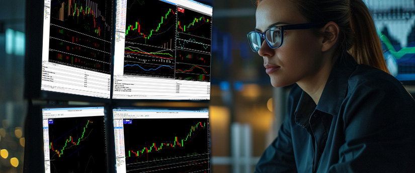 Trader analysing four chart windows on a trading platform to assess market structure